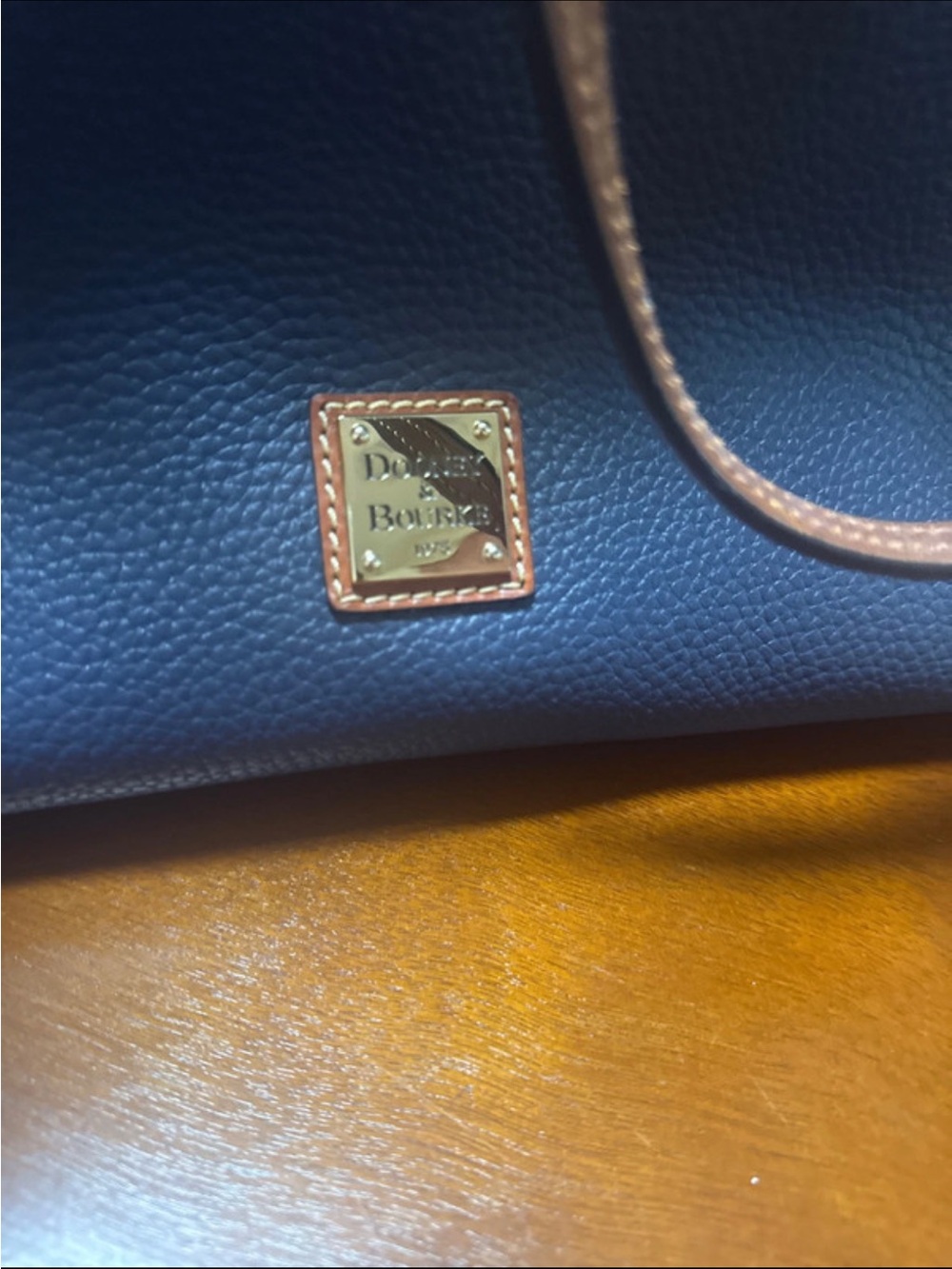 Dooney & Bourke Navy Pebbled Tote with Brown Trim - Picture 4 of 5